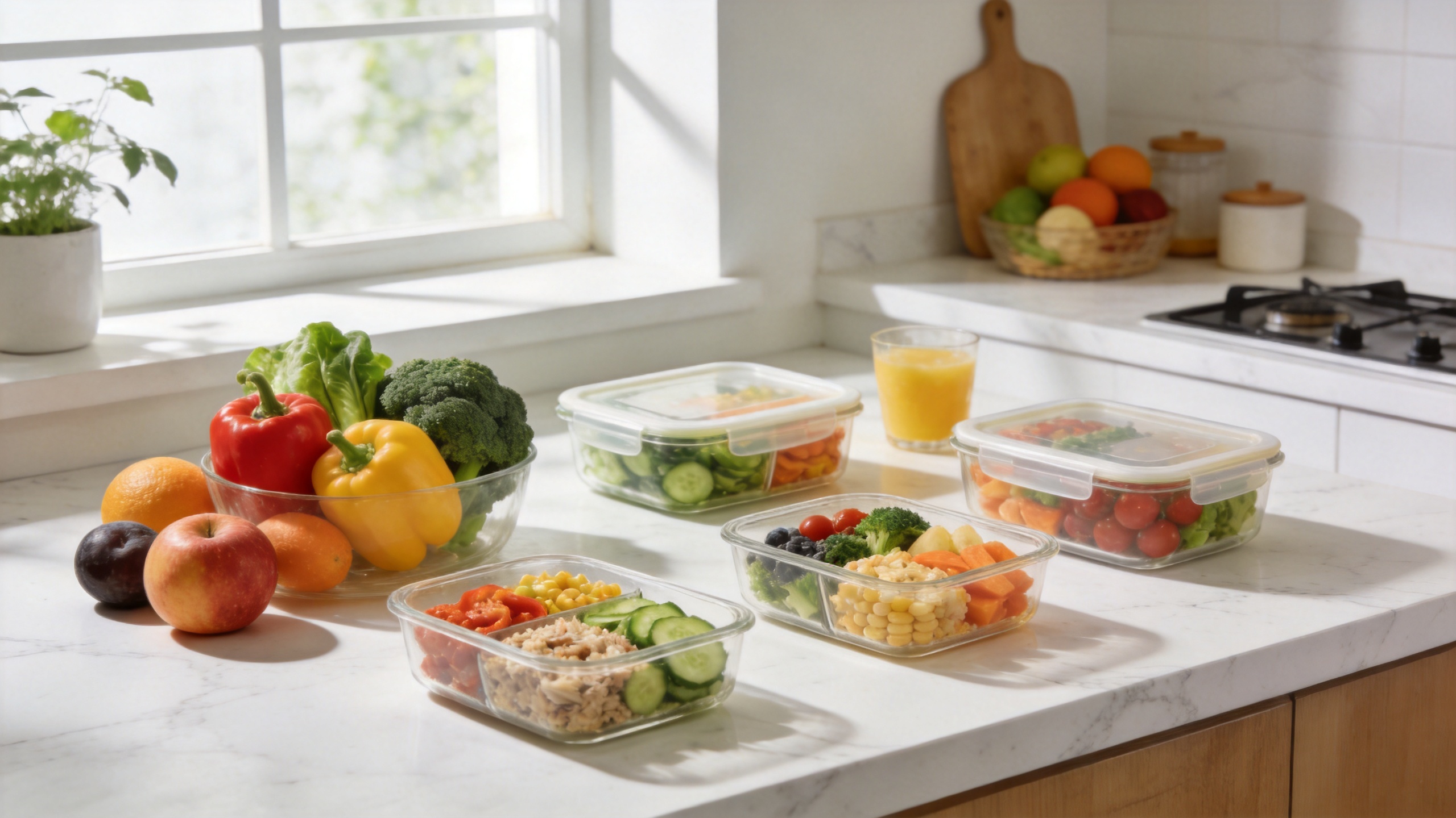 A kitchen counter with fresh vegetables and rows of filled meal prep containers