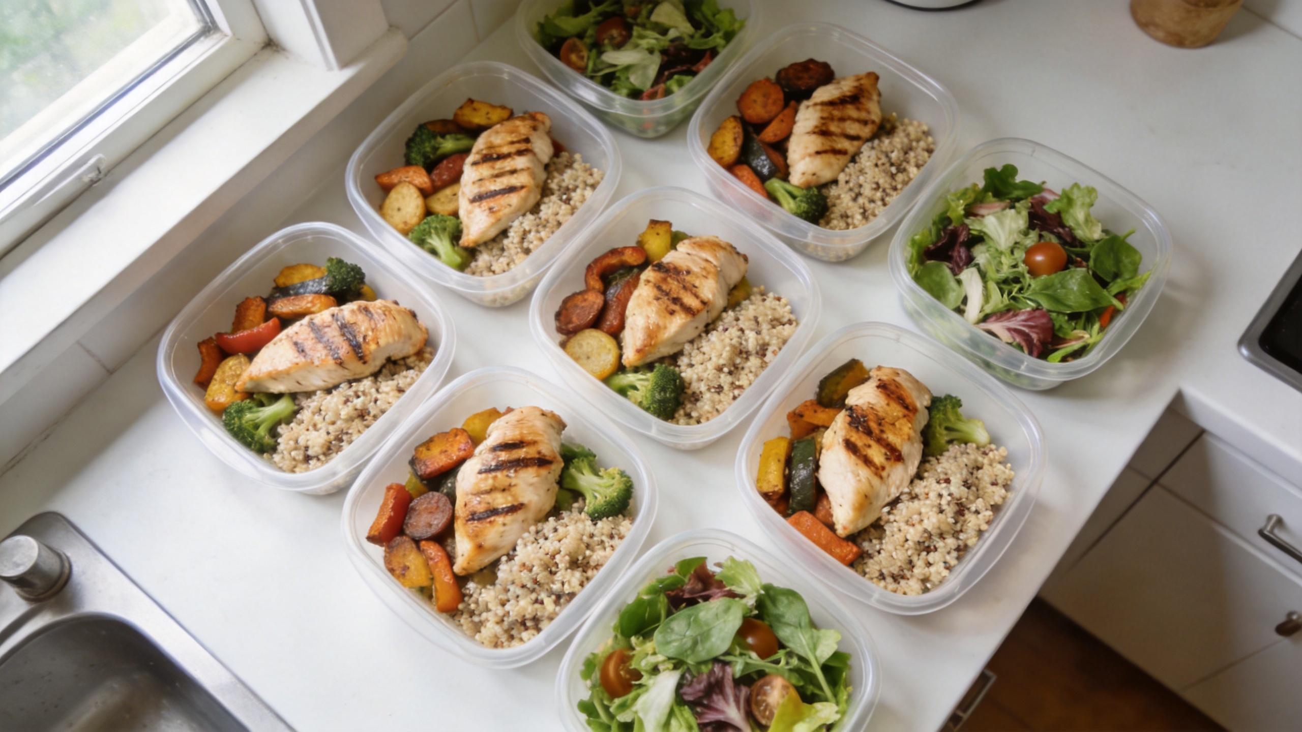 Meal prep containers with a batch-cook spread laid out on a wooden table