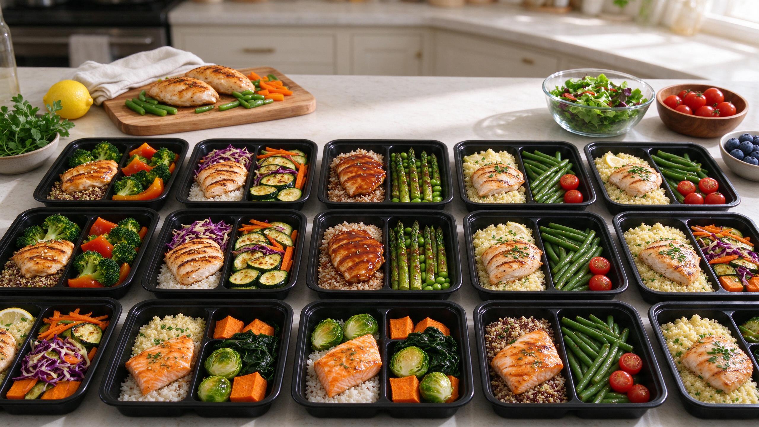 Meal prep containers filled with a batch-cooked week of calorie-aware meals