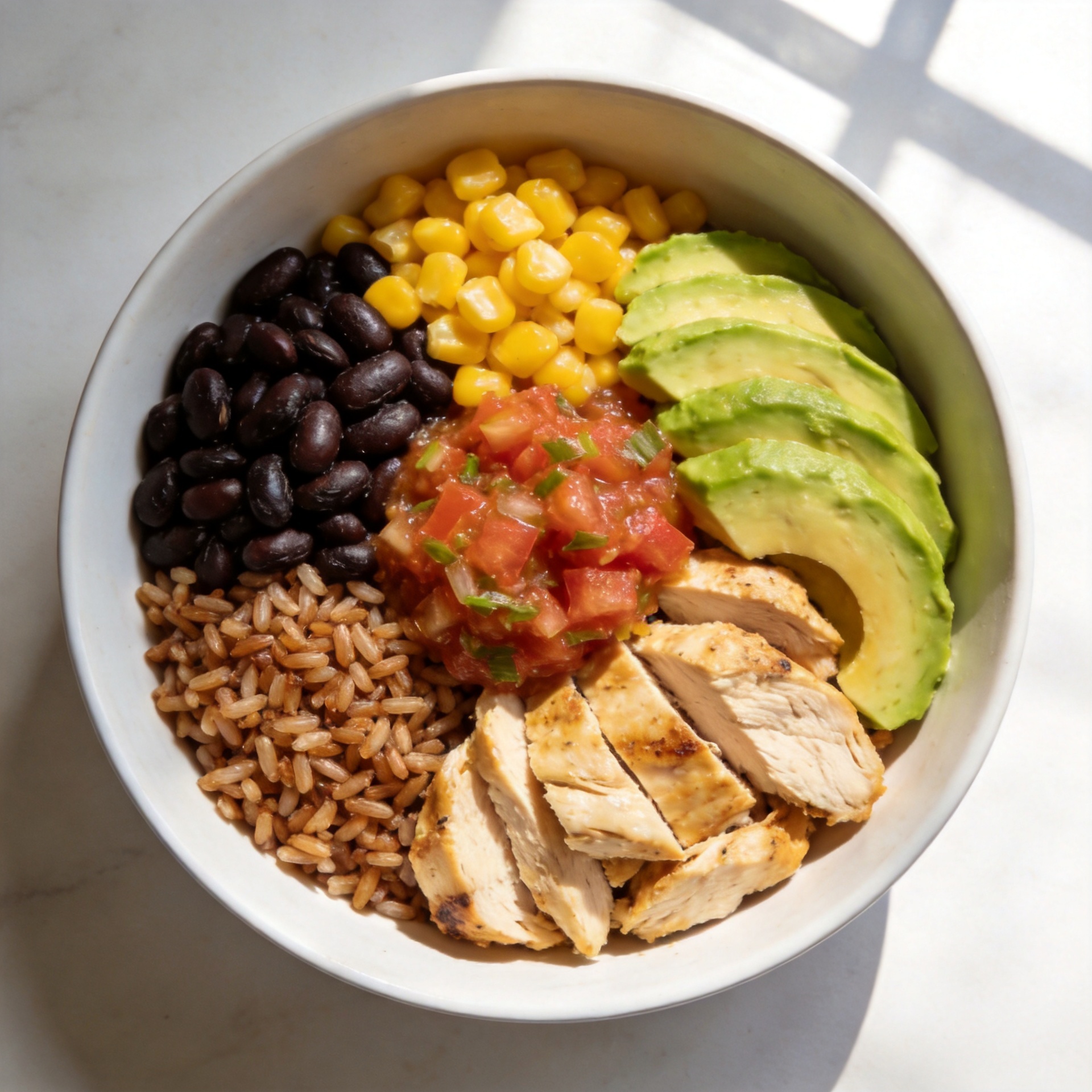 A colorful chicken burrito bowl with rice, beans and vegetables